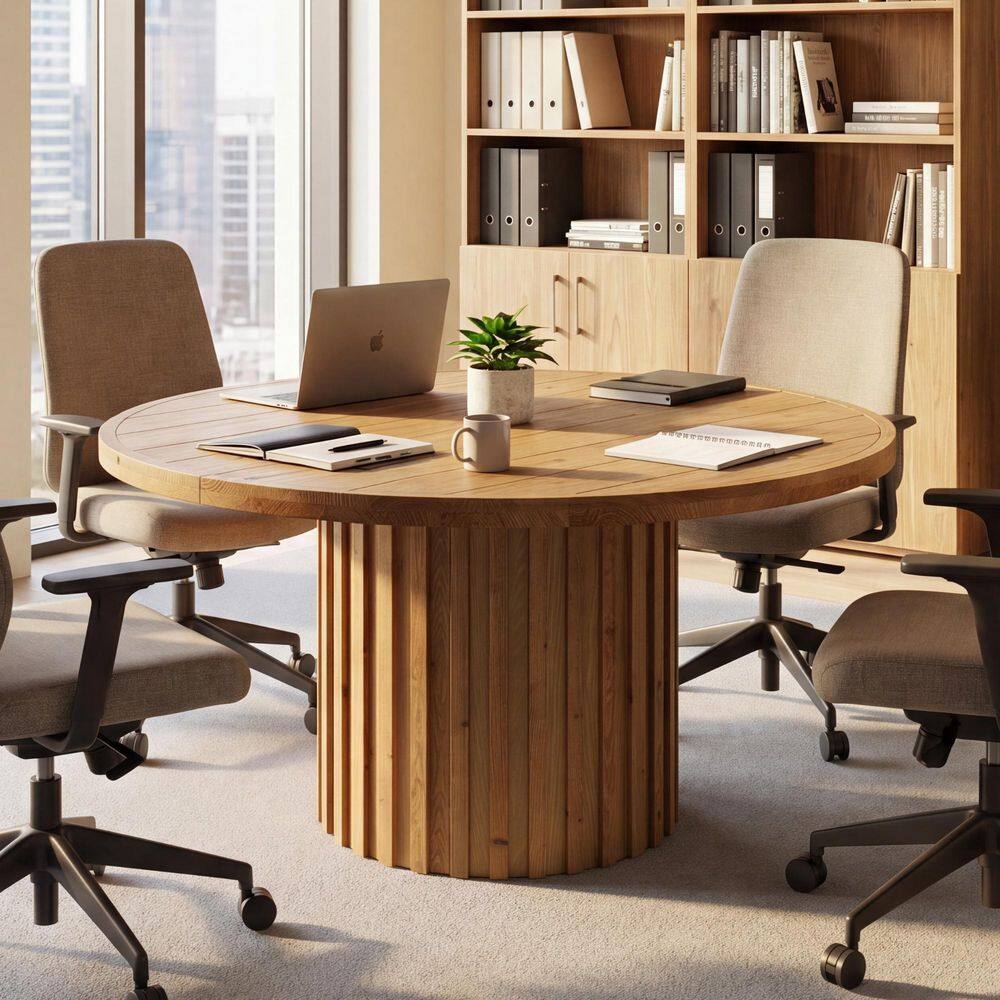 Lanita 47 in. Round Brown Solid Wood Conference Table, Meeting Table with Thicken Tabletop, Office Desk for Offices