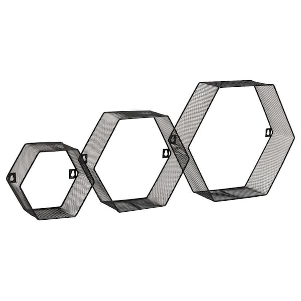 4 in. W x 14 in. D Black, Metal Hexagon Floating Shelves, Decorative Wall Shelf, Honeycomb Accent Shelf, Metal, Set of 3