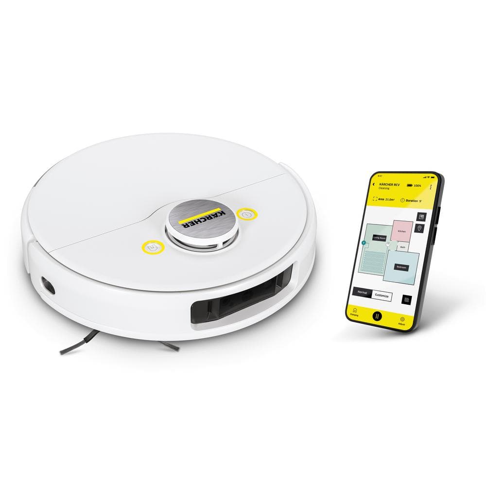 Karcher RCV 5 13.8 in. Robotic Vacuum with Mop Function Smart Navigation Bagless Replaceable Filter CarpetHa rd Floors in White