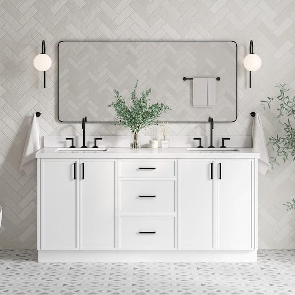 ARIEL Kelly 73 in. W x 22 in. D x 36 in. H Double Sink Bath Vanity in White with Pure White Quartz Top