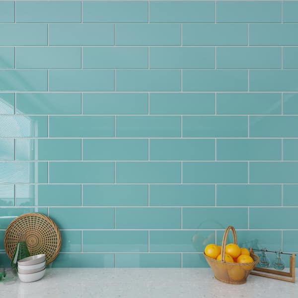 Giorbello Teal 4 In X 12 In X 8mm Glass Subway Tile 5 Sq Ft Case G4111 The Home Depot