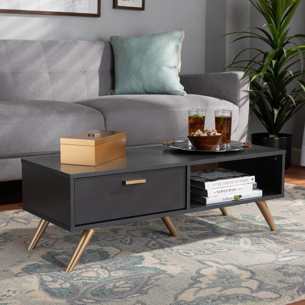 Dark Grey and Gold Wood Coffee Table with Storage Drawer