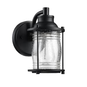 Martin 1-Light Black Outdoor Wall Lantern Sconce with Seeded Glass Shade