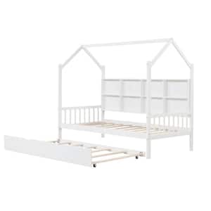 White Wood Frame Twin Size House Daybed Trundle Platform Bed 8 Storage Shelf Compartments White
