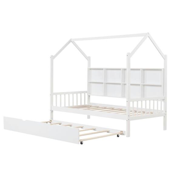 Gymax White Wood Frame Twin Size House Daybed Trundle Platform Bed 8 Storage Shelf Compartments White