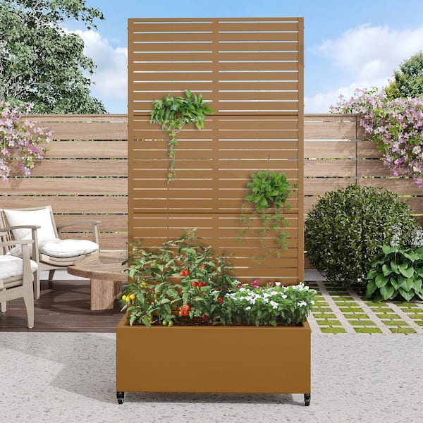 72 in. H x 35 in. W Rectanglar Brown Outdoor Metal Privacy Screen Planter Box Wall Decor in Louvered Pattern