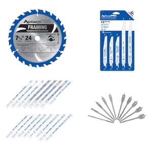 7-1/4 in x 24 Saw Blade, 13-Pieces Wood and Metal Recip Blades, 10-Pieces Spade Bit Set and 16-Pieces Jigsaw set
