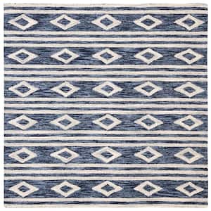 Micro-Loop Navy/Ivory 5 ft. x 5 ft. Square Diamonds Striped Area Rug