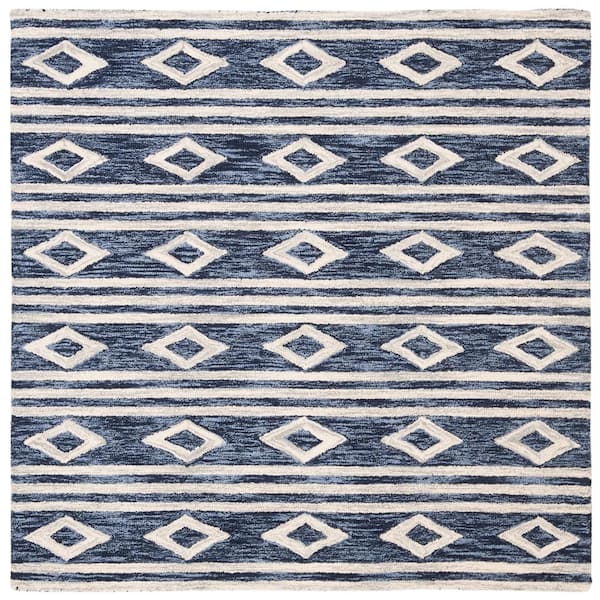 SAFAVIEH Micro-Loop Navy/Ivory 5 ft. x 5 ft. Square Diamonds Striped Area Rug
