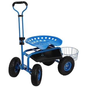 Blue Steel Rolling Garden Cart with Steering Handle, Seat and Tray