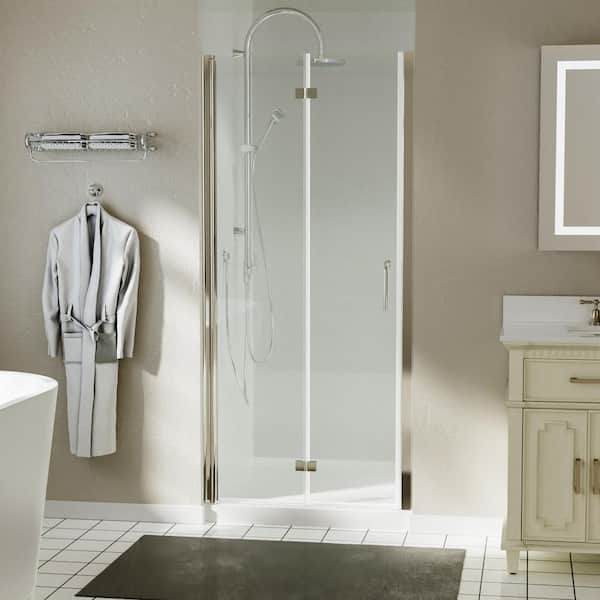 ANGELES HOME 34-35 3/8 in. W x 72 in. H Bi-Fold Semi-Frameless Shower Door in Nickel Finish with Clear Glass, Stainless Steel Handle