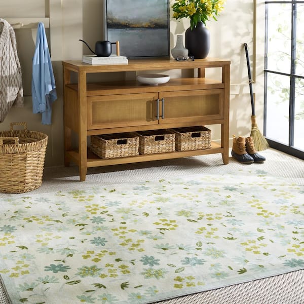 Martha Stewart Washable Beige/Light Green 4 ft. x 6 ft. Machine Washable Floral Modern Area Rug