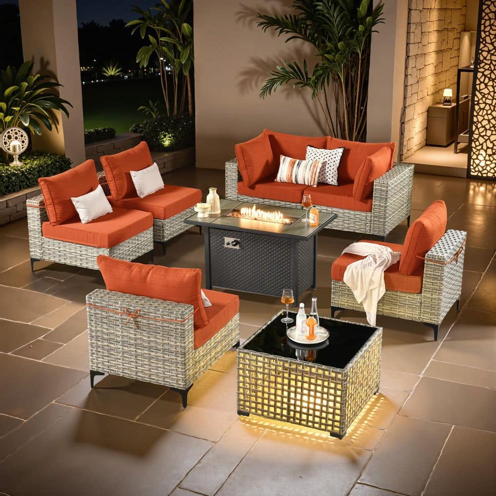 Coralia Gray 8-Piece Wicker Patio Conversation Sets With Fire Pit Table, Stripe Red Cushion and Lighted Coffee Table