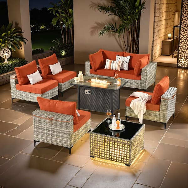 Coralia Gray 8-Piece Wicker Patio Conversation Sets With Fire Pit Table, Stripe Red Cushion and Lighted Coffee Table