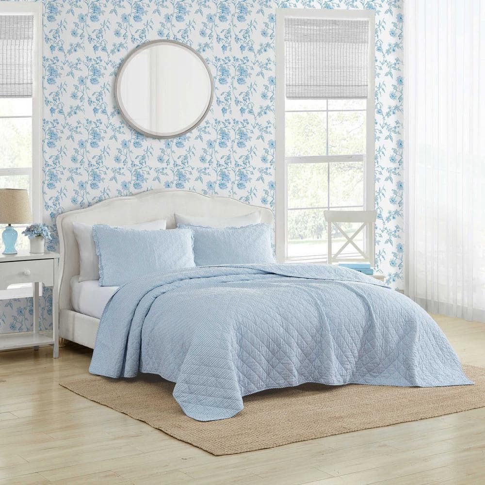 Laura Ashley Twin Blue Organic Cotton Reversible Quilt Set