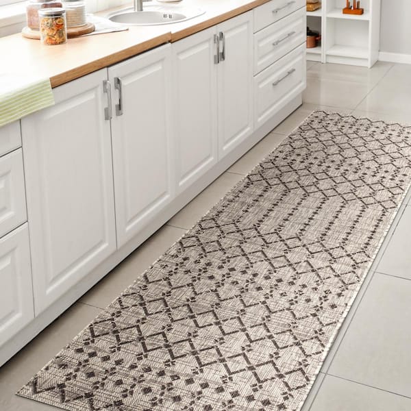 Light Gray/Black 2 ft. x 20 ft. Runner Ourika Moroccan Geometric Textured Weave Indoor/Outdoor Area Rug