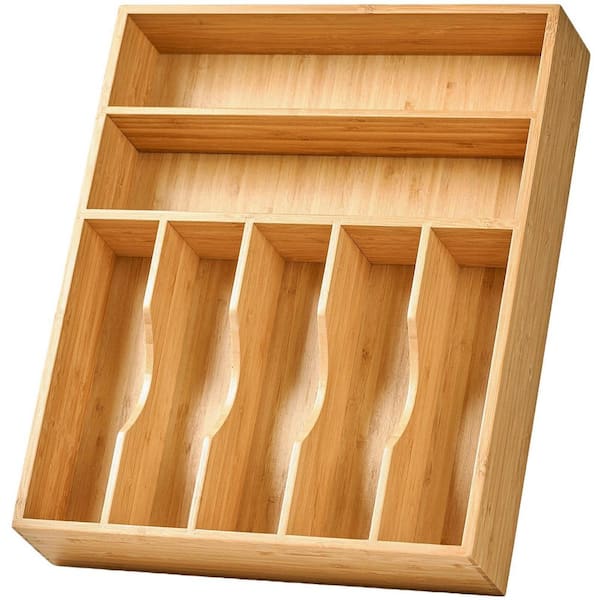 Bamboo 13 in. x 17 in. x 2.5 in. Kitchen Drawer Organizer 7 Slots Total Bamboo Wood Caddy for Flatware Cutlery Knives