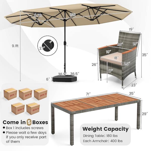 10-Piece Wicker Rectangle Outdoor Dining Set with Beige Neutral Cushions and Beige Umbrella