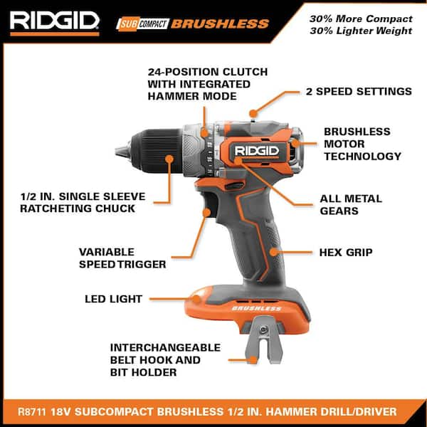 RIDGID R8711K 18V SubCompact Brushless 1/2 In. Hammer Drill Kit With (2 ...