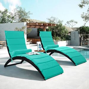 2-Piece PE Rattan Wicker Outdoor Foldable Chaise Lounger Sun Lounger with Turquoise Cushion and Black Steel Frame