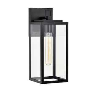 13.75 in. 1-Light Matte Black Outdoor Boxed Hardwired Wall Lantern Sconce with Clear Glass Shade