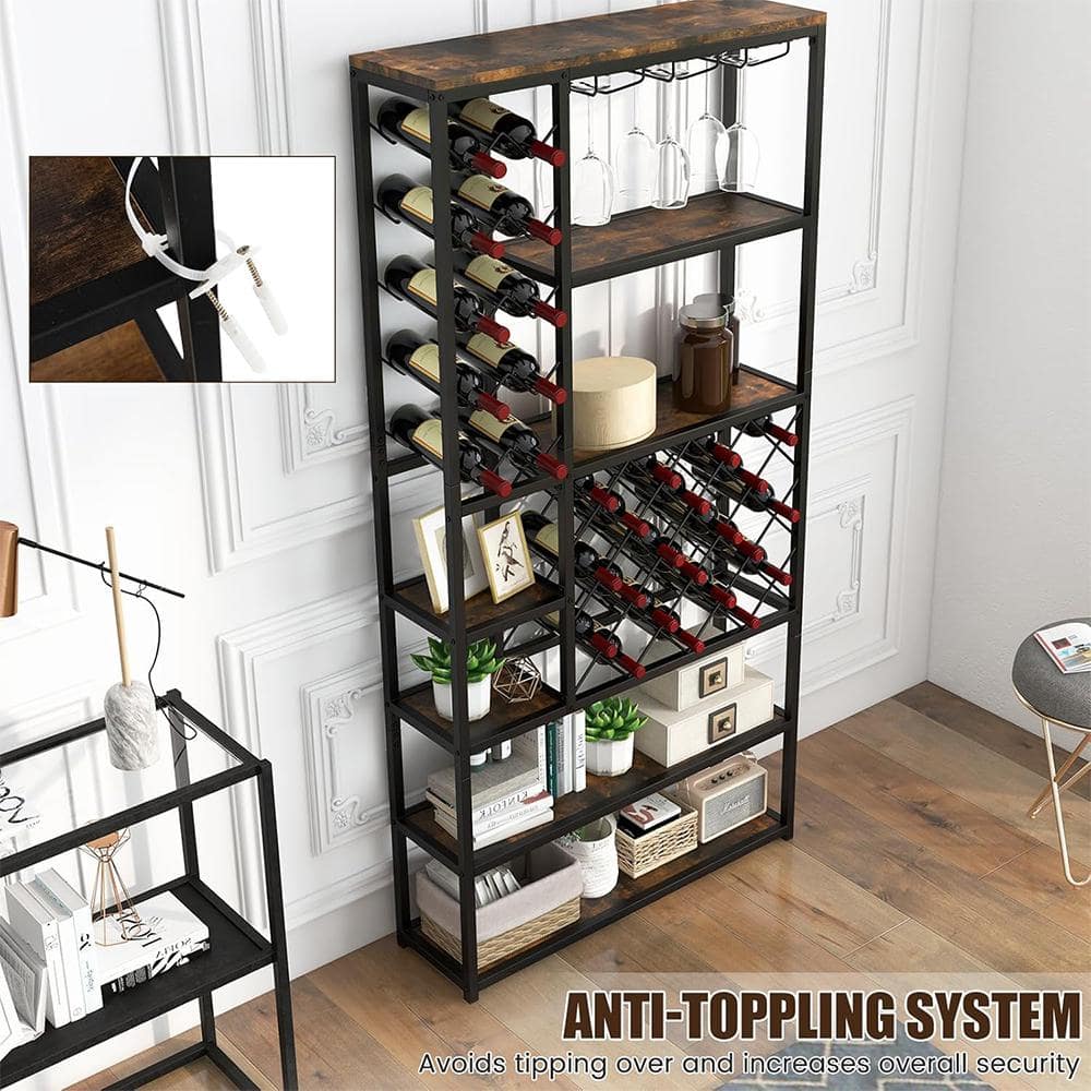 Freestanding 27-Bottle Brown Freestanding Wine Rack with 3 Rows of Stemware