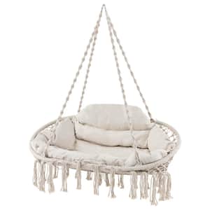 52 in. Beige Metal Porch Swing Chair with Hand-Woven Rope and Thick Cushion and Folding Metal Frame