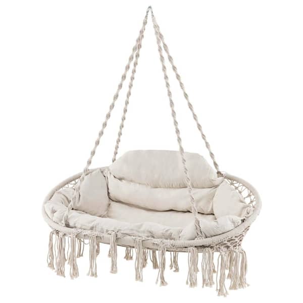 Costway 52 in. Beige Metal Porch Swing Chair with Hand-Woven Rope and Thick Cushion and Folding Metal Frame