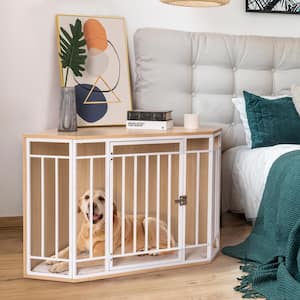 Mdf And Steel Corner Dog Crate With Cushion Dog Kennel With Wood And Mesh Doghouse Pet Crate Indoor Use