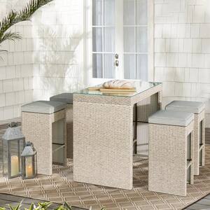 Brown 5-Piece Wicker Outdoor Dining Bar Set with Brown Cushions