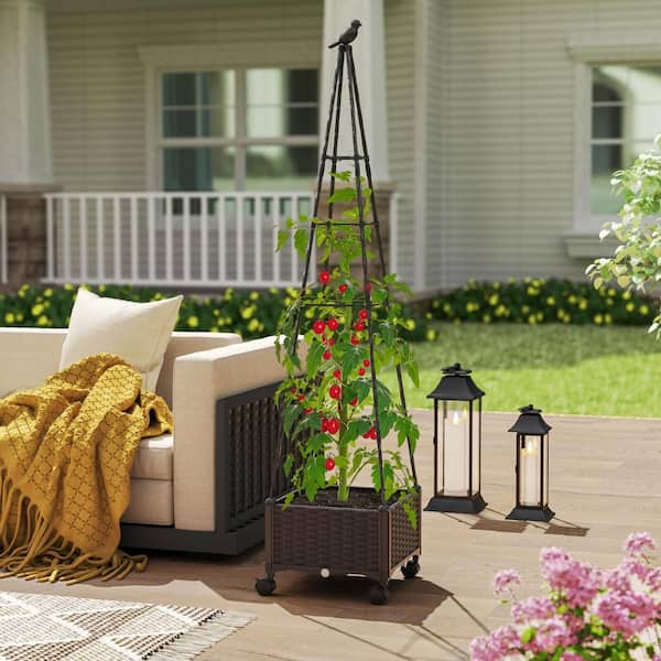 Raised Garden Bed with Plastics Plant Box & Obelisk Trellis Lockable Wheels Cage Planter (1-Pack)