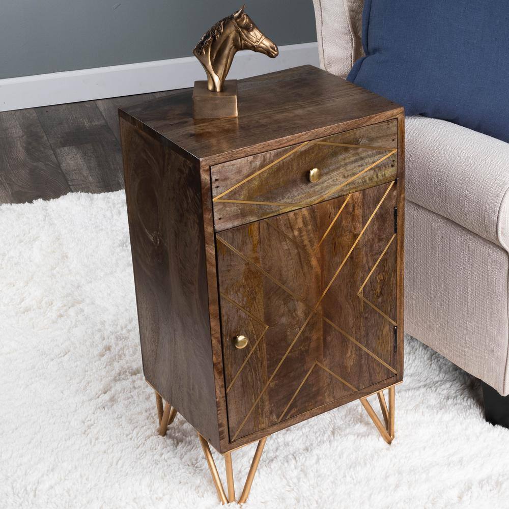 Alda Mango Wood and Brass Inlay Chairside Chest with Storage