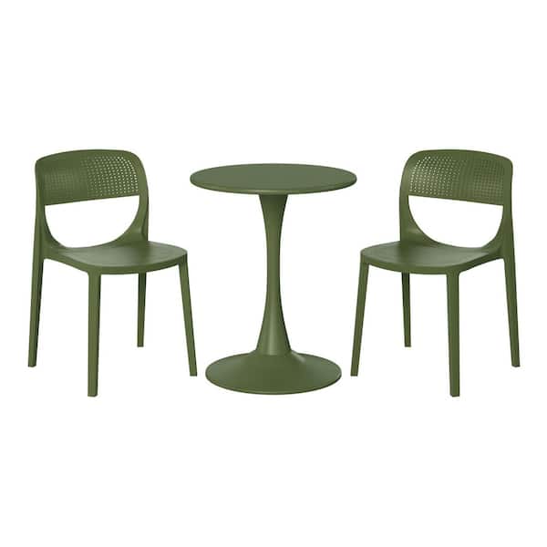 Frond and Form Outdoor Patio Modern 3-Piece Round HDPE Plastic Bistro Dining Set with Stackable Chairs, Olive Green