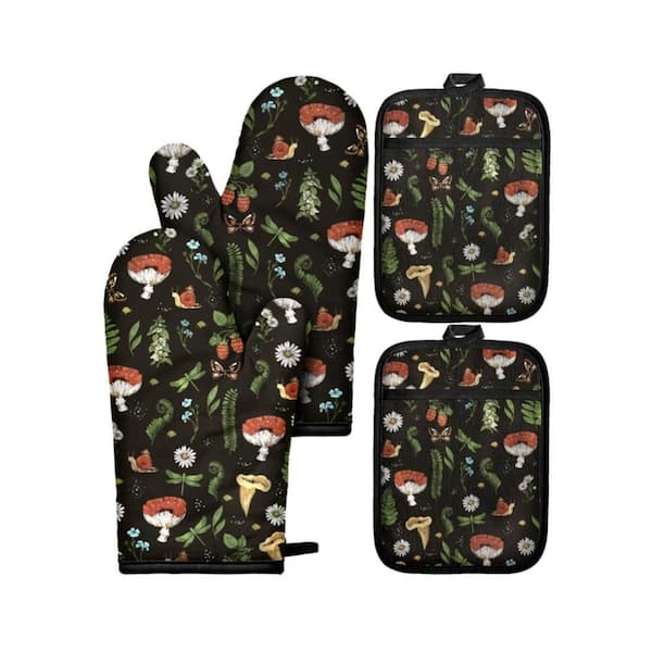 Black Mushroom Print 100% Cotton Heat Resistant Pizza Oven Mitts & Pot Holders Set with Hanging Loops 4-Pack