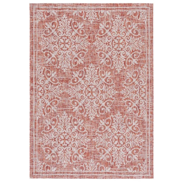 SAFAVIEH Courtyard Red/Ivory 4 ft. x 6 ft. Distressed Border Floral Indoor/Outdoor Area Rug