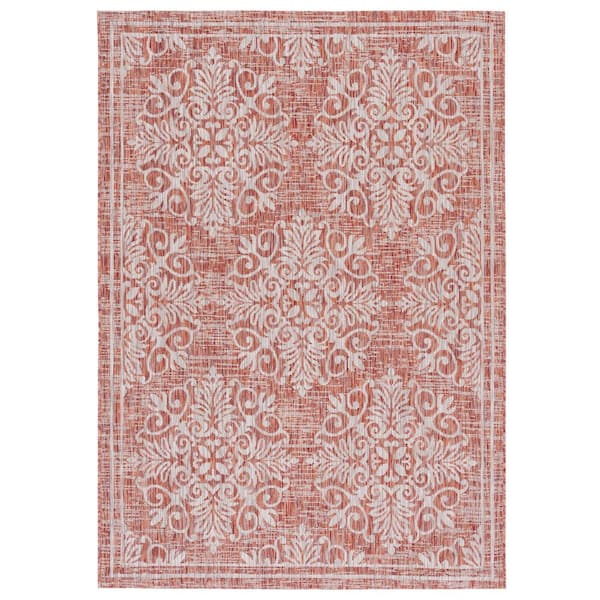 Courtyard Red/Ivory 8 ft. x 10 ft. Distressed Border Floral Indoor/Outdoor Area Rug