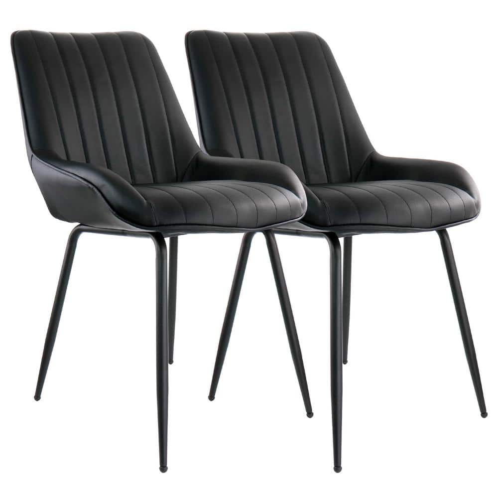 Black Faux Leather Tufted Arm Chair with Metal Legs, Set of 2