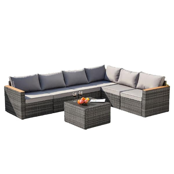 6-Pieces Outdoor Wicker Sofa Set, Patio Furniture sofa set, with Gray Cushions