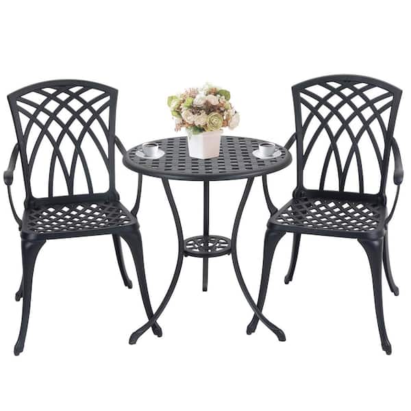 Zeus & Ruta 3-Piece Black Cast Aluminum Outdoor Bistro Set, Outdoor Patio Furniture with Umbrella Hole Patio Balcony