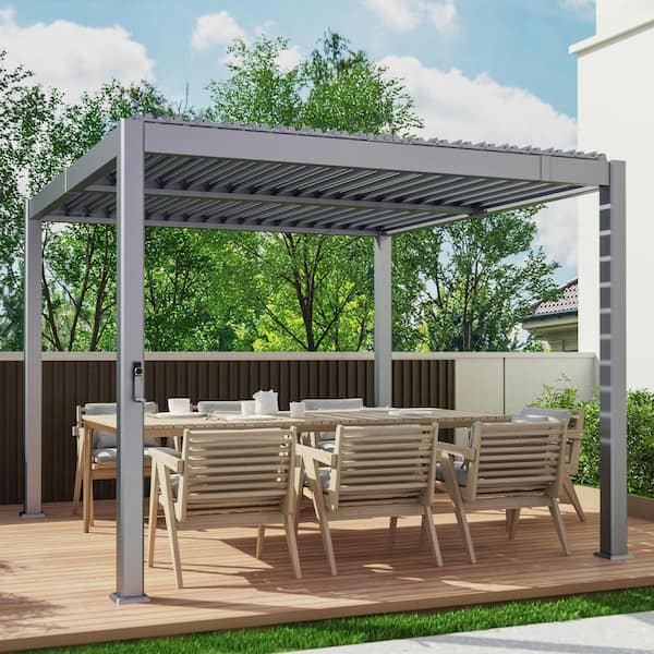 JOYESERY 10 ft. x 10 ft. Modern All-Aluminum Pergola with Adjustable Louvered Roof, Grey