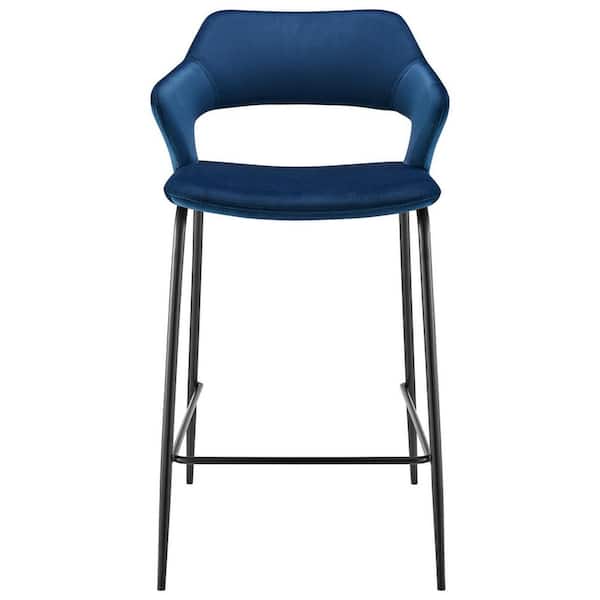 HomeRoots 25.99 in. Black and Blue Low Back Metal Counter Height Bar Chair with Velvet Seat