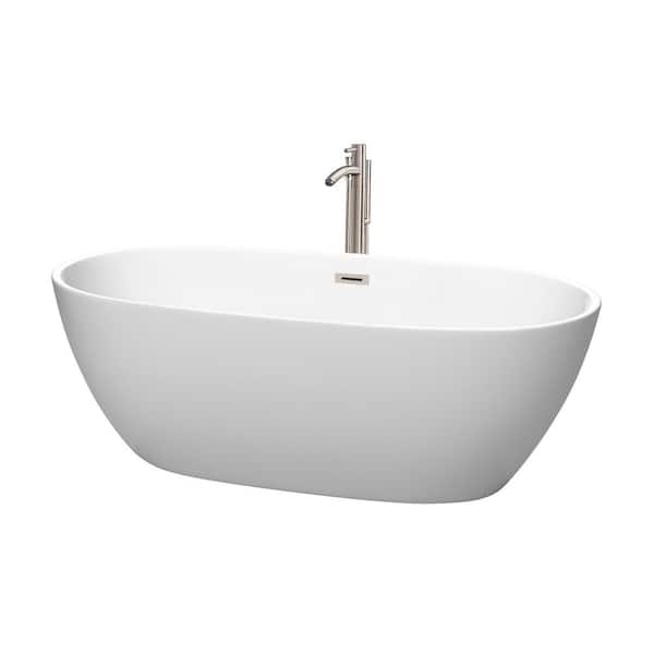 Wyndham Collection Juno 67 in. Acrylic Flatbottom Bathtub in Matte White with Brushed Nickel Trim and Floor Mounted Faucet