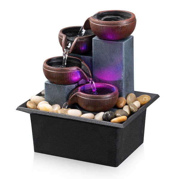 4 Level Waterfall Tabletop Fountain with LED Lighting and Natural Rocks for Home Office and Bedroom Relaxation (1-Pack)