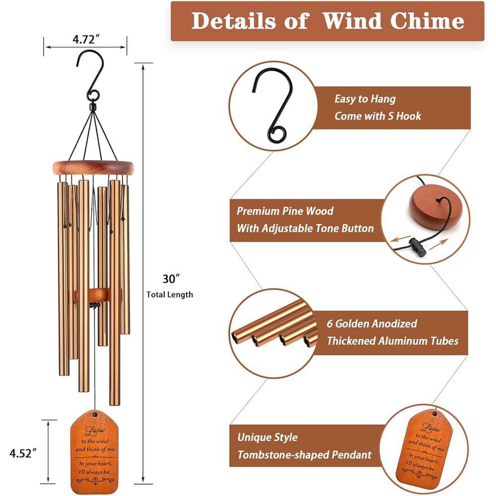 30" Gold and Pine Wood Memorial Wind Chimes with Inscription