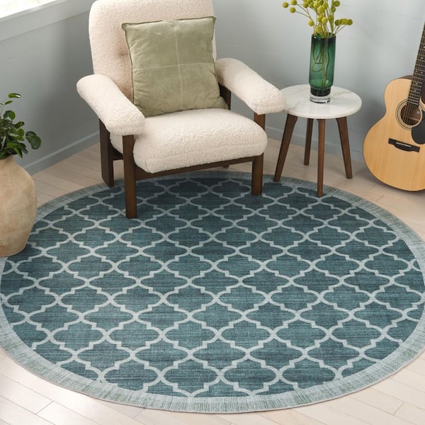 Arizona 6 ft. x 6 ft. Green Machine Washable Border Geometric Trellis Round Area Rug