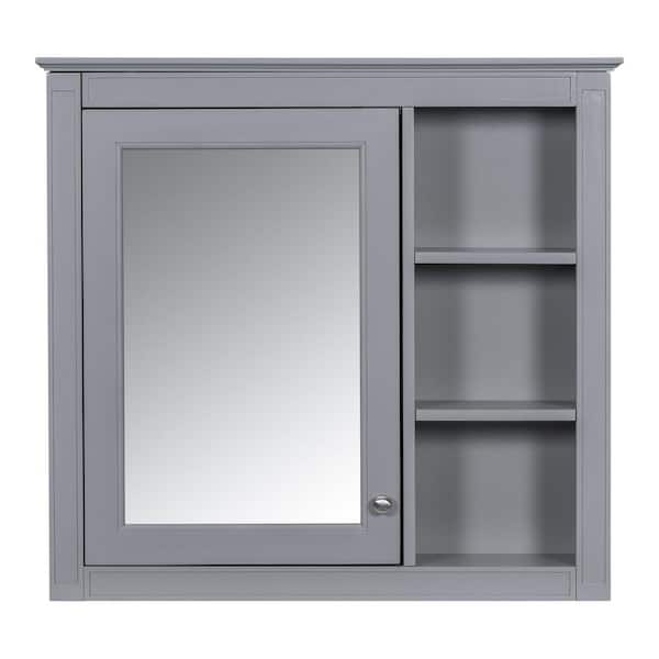 30 in. W x 28 in. H Wall Mounted Rectangular Medicine Cabinet with Mirror 3 Open Shelves, 2 Internal Shelves 1-Door-Gray