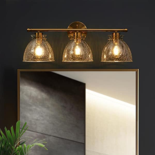 Uolfin Modern Bell Bathroom Vanity Light 23.6 in. 3-Light Dome Plating Brass Wall Light with Hammered Glass Shades