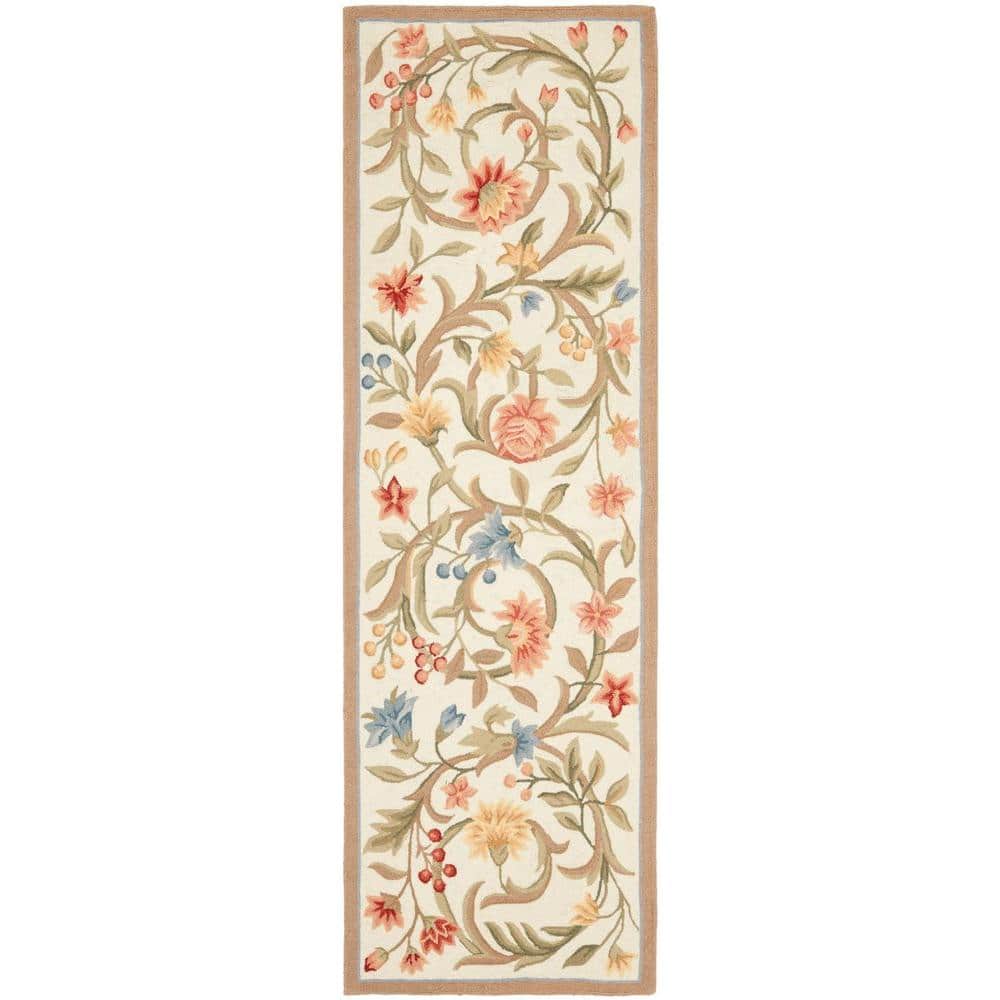 Ivory Floral Hand-Hooked Wool Runner Rug, 2'6" x 8'