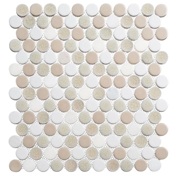 ANDOVA Polka Vintage Tan/White 4.5 in. x 8.25 in. Textured Round Glass and Ceramic Mosaic Tile Sample