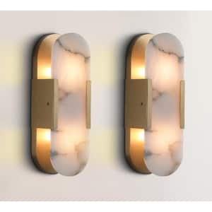 14 in. 2-Lights Gold LED Wall Sconce, Natural Alabaster Modern Wall Light for Bedroom, Bathroom, Living Room(Set of 2)